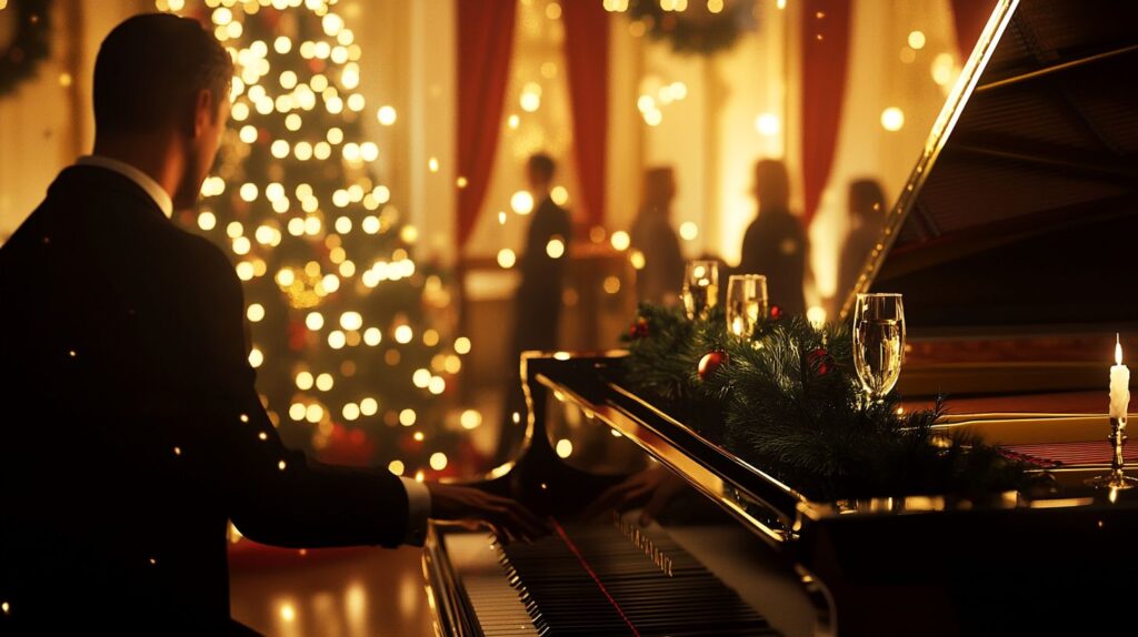 Elegant Christmas party scene professional pianist